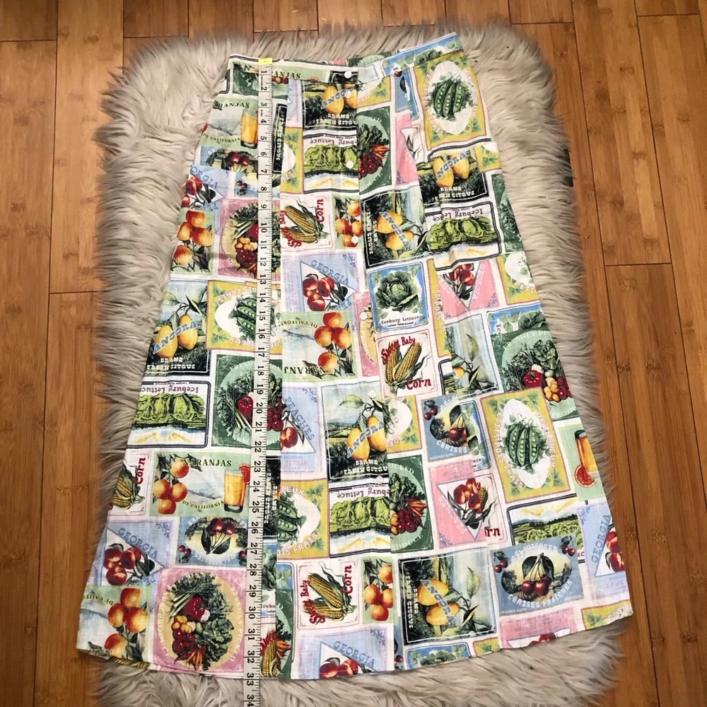 Anthropologie DR2 Linen Novelty Fruits Patchwork Multicolor Midi A-line Skirt M - Picture 10 of 10